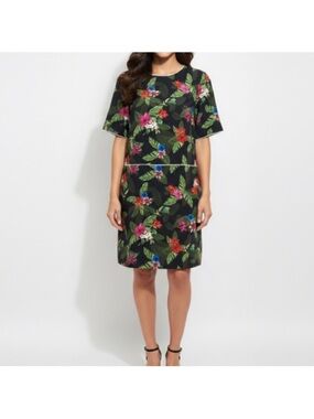 Simons Tropical Print Shift Dress Size Small Black